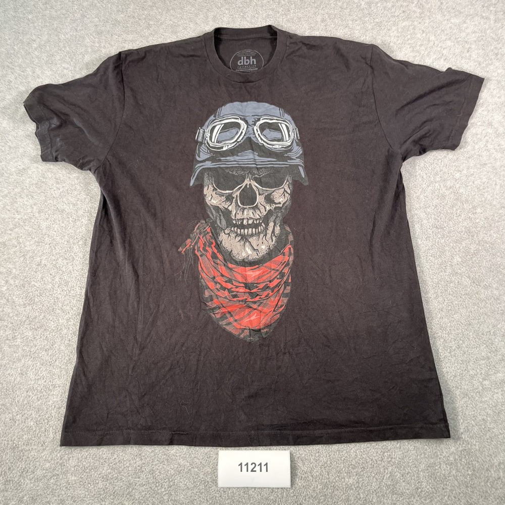 DBH Design By Humans T Shirt Mens XL Black Skull Biker Graphic Cotton Crew Neck